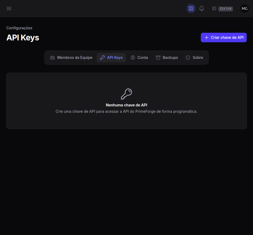 Aba de API Keys com a lista de tokens da organização