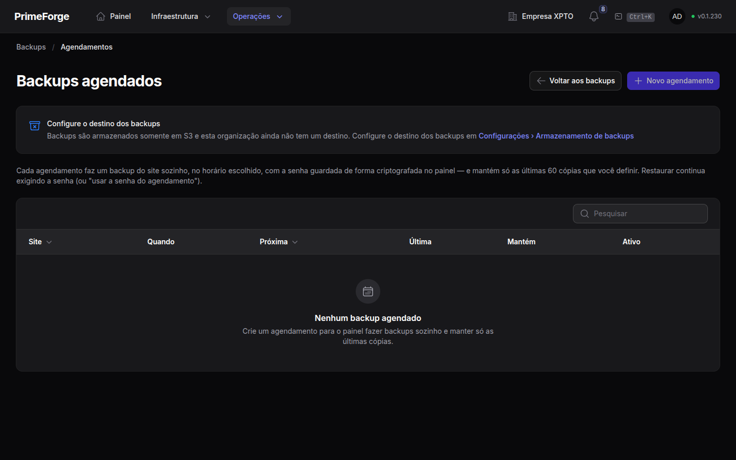 Página de agendamentos de backup