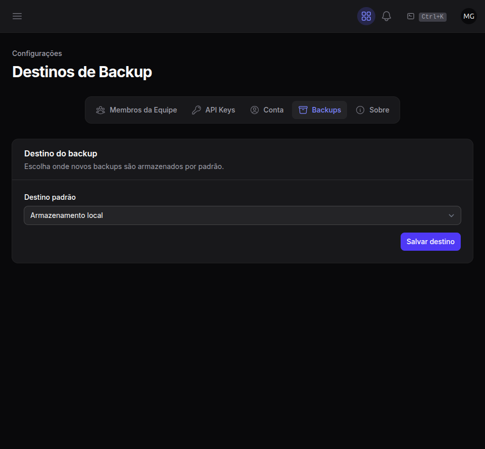 Configurações de backup da organização