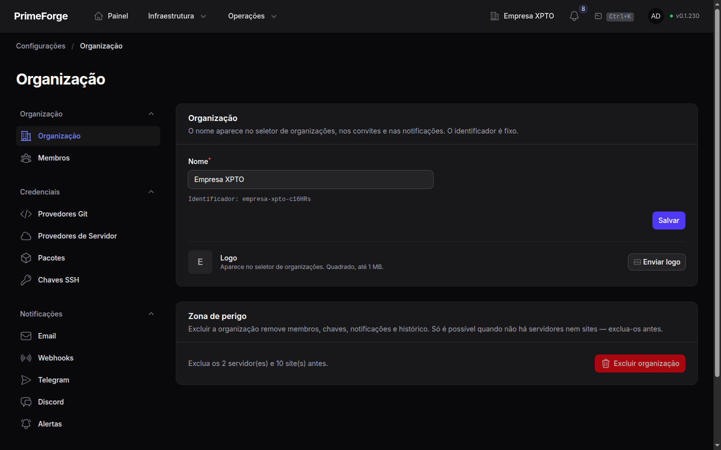 Página Organização, com o submenu de Configurações à esquerda