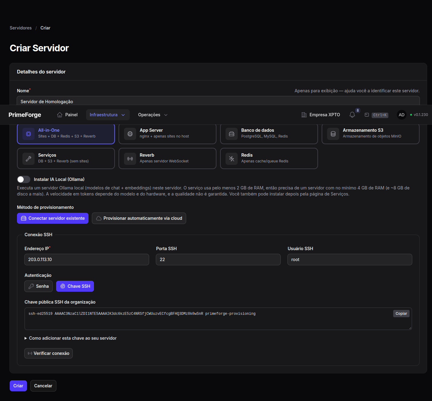 Seção Conexão SSH, com o botão Verificar conexão