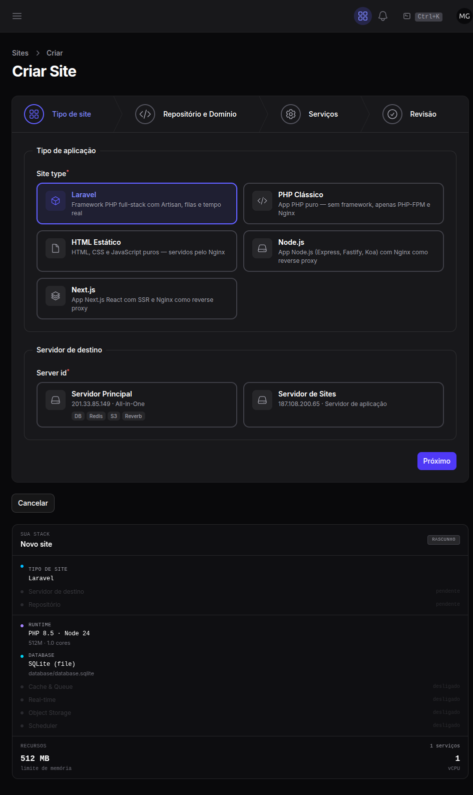 Assistente de criação de site — informações básicas