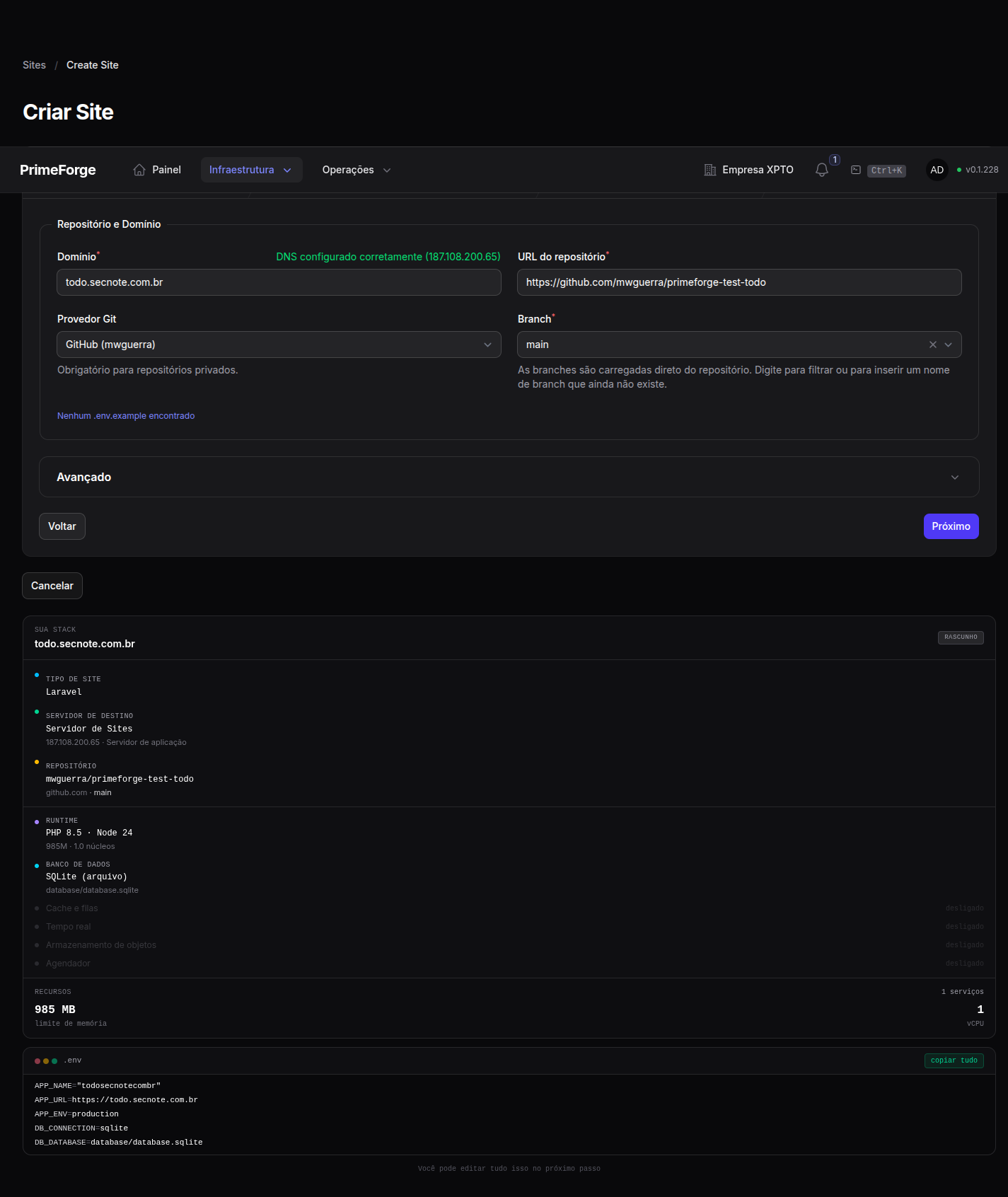 Assistente de criação de site — passo Repositório e Domínio, com a verificação de DNS e o domínio gratuito