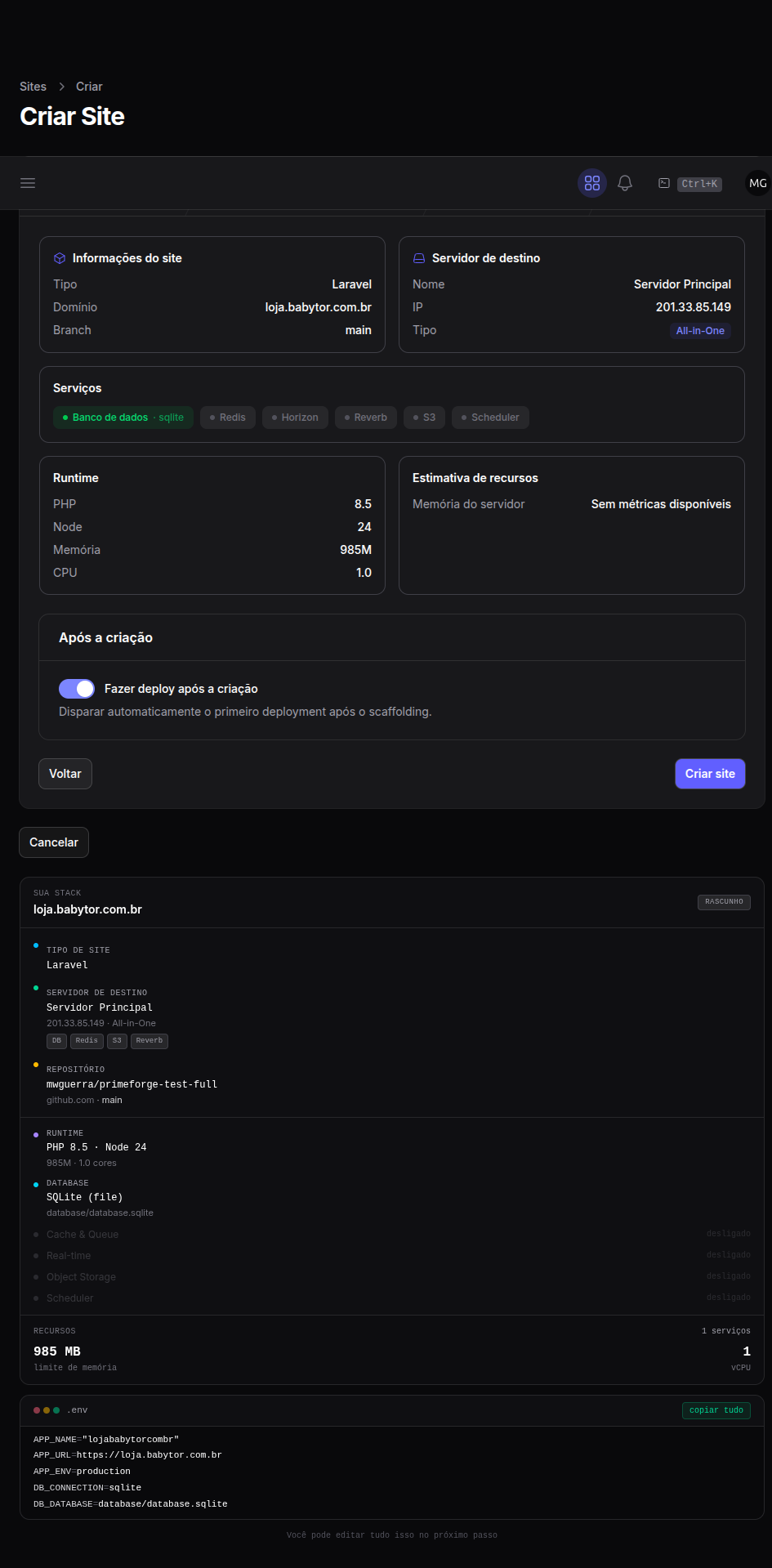 Assistente de criação de site — revisão