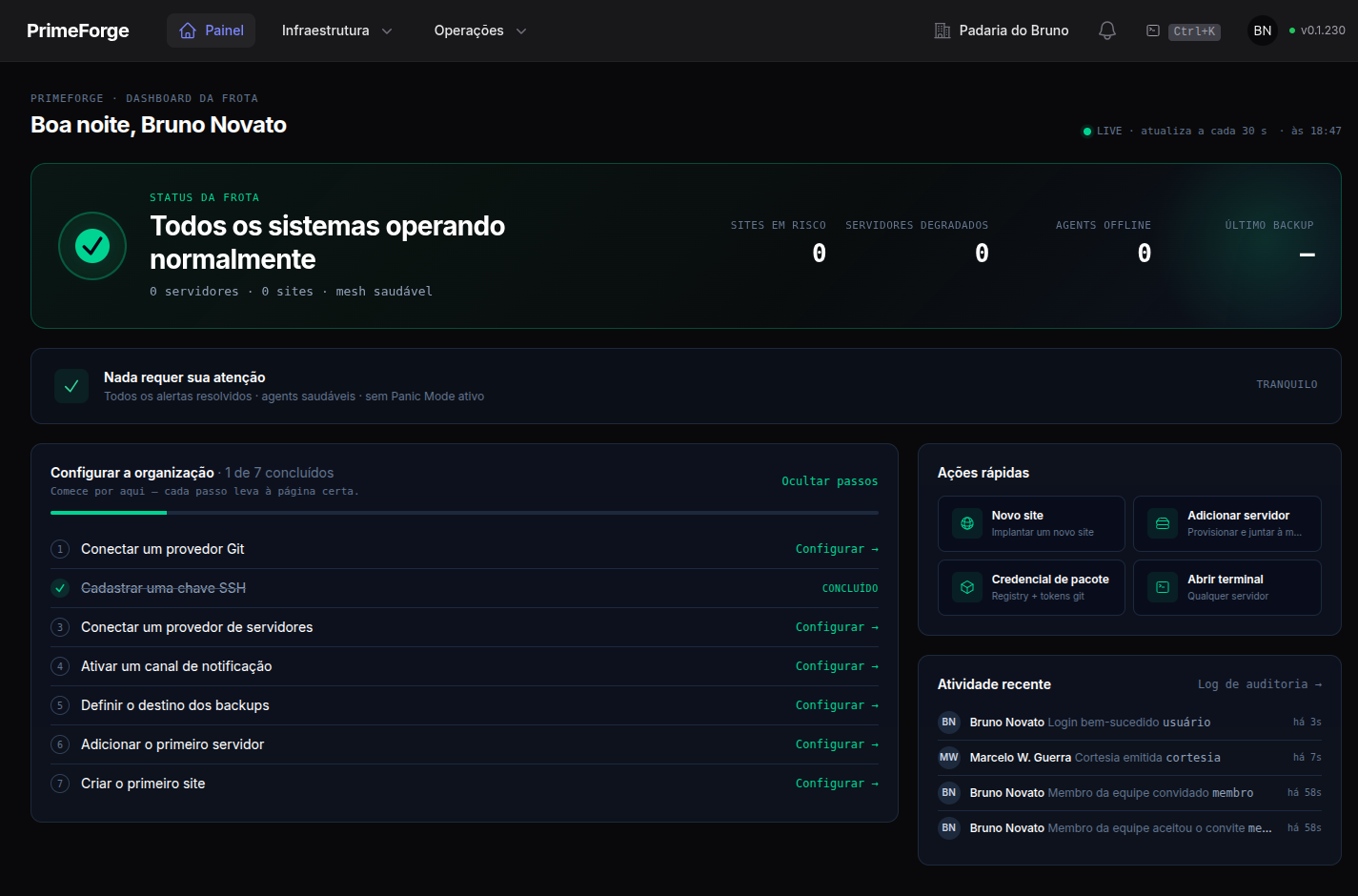 Checklist "Configurar a organização" em uma organização nova