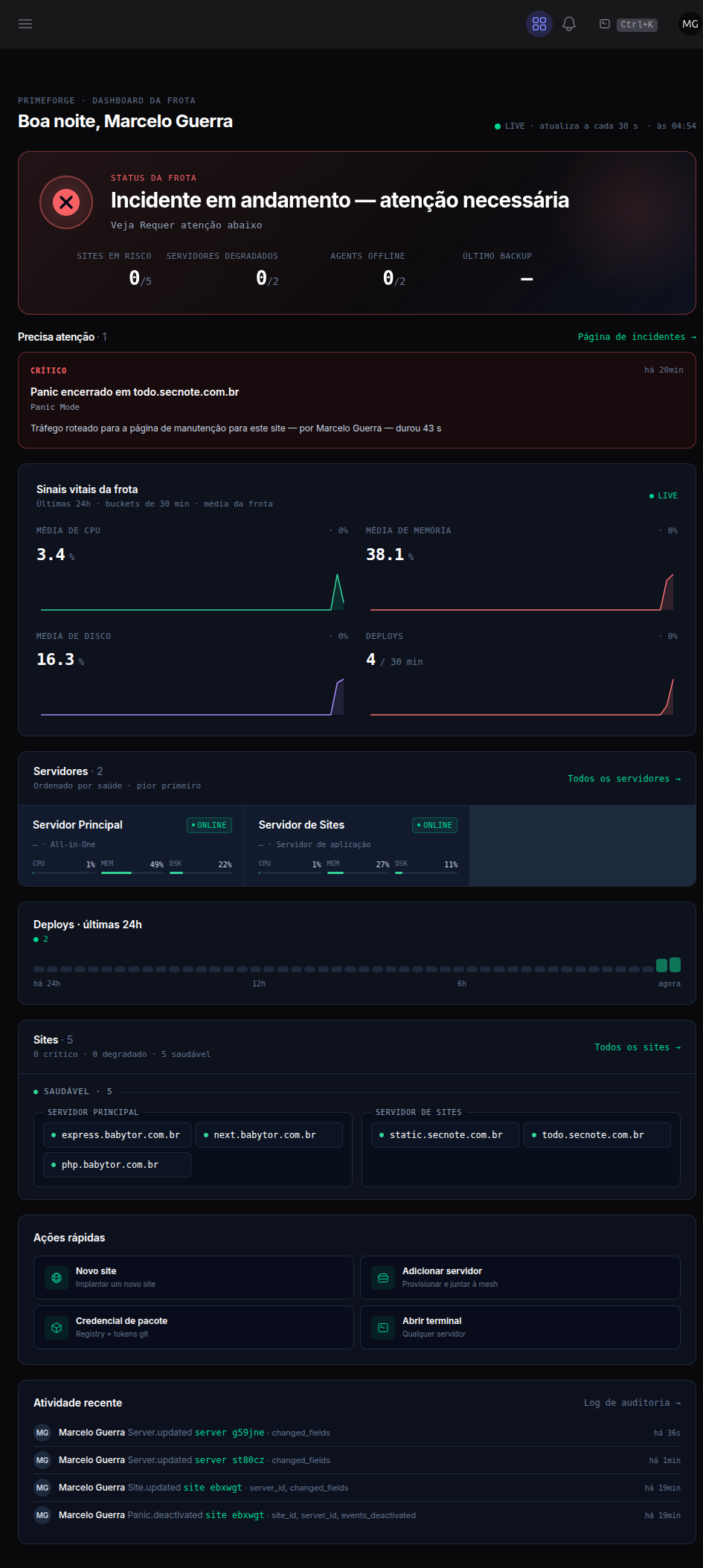 Dashboard com incidentes ativos no feed "Precisa atenção"