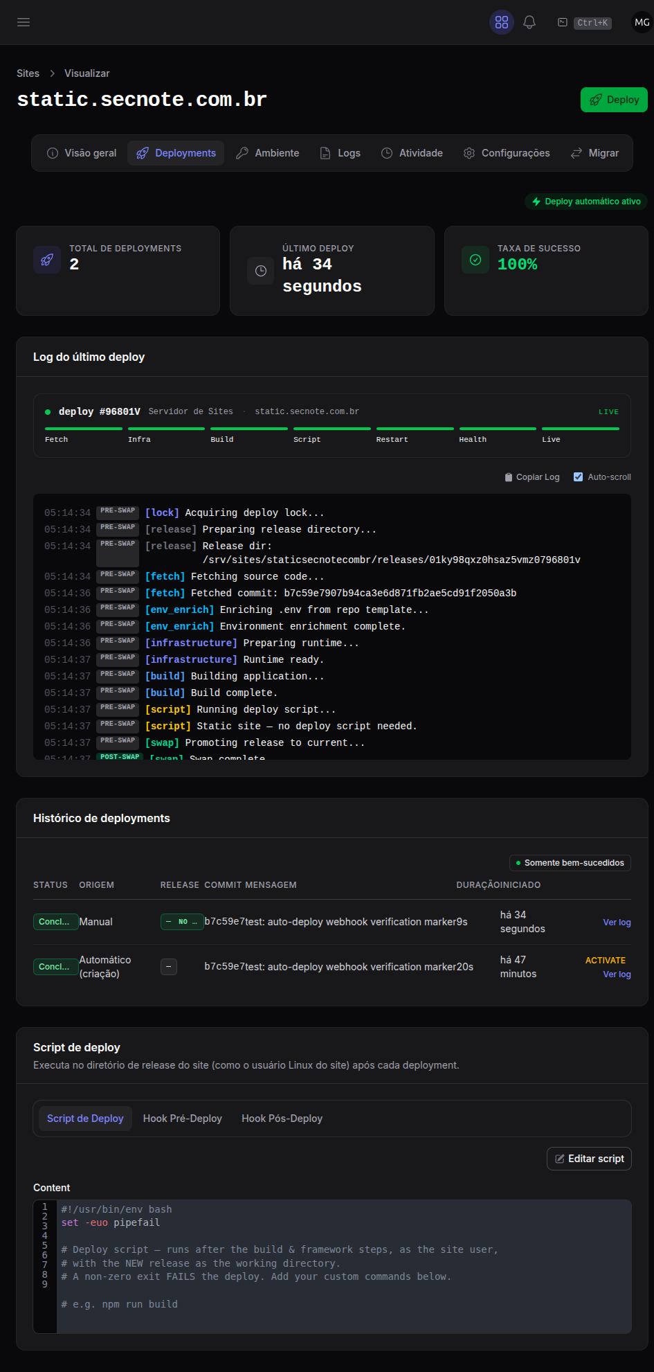 Logs do deploy em tempo real