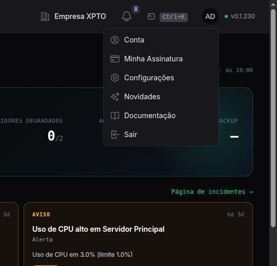 Menu do avatar com Conta, Minha Assinatura, Configurações, Novidades e Documentação