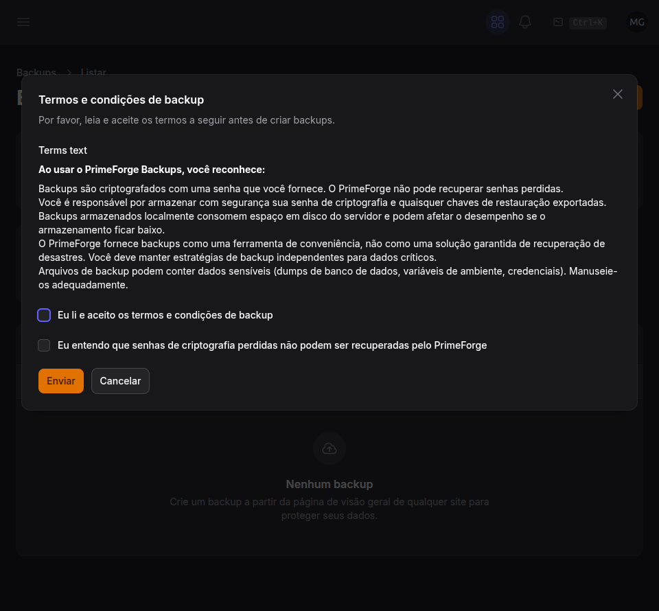 Modal de criação de backup