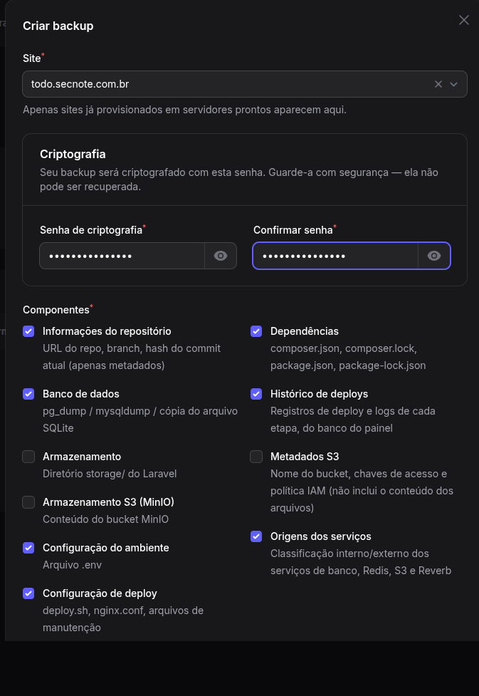 Modal de criação de backup