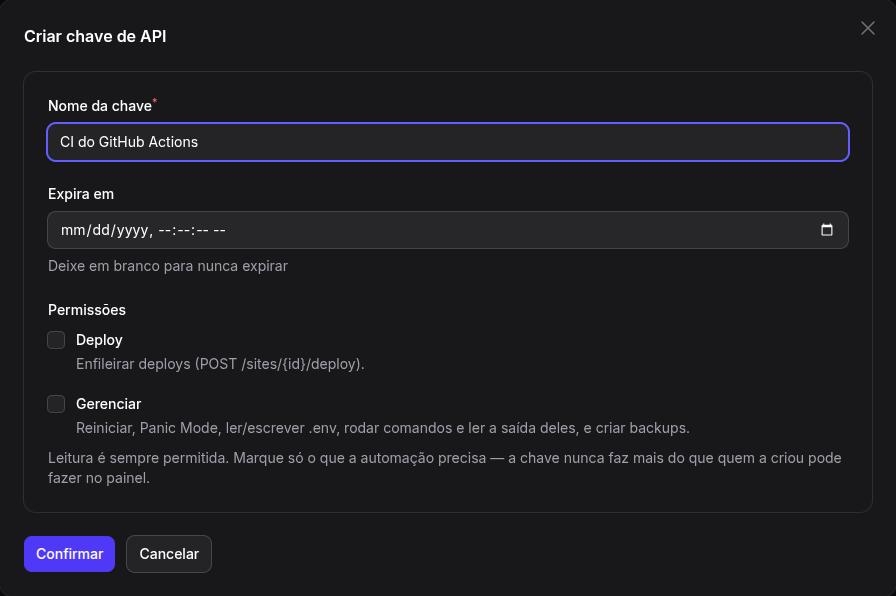 Modal Criar chave de API, com permissões e validade