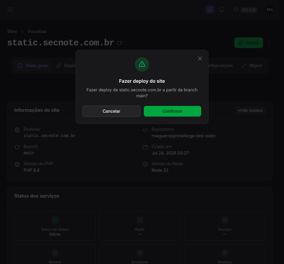 Modal de confirmação de deploy manual