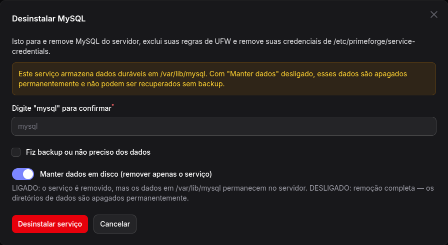 Modal de desinstalação do PostgreSQL bloqueado por sites dependentes