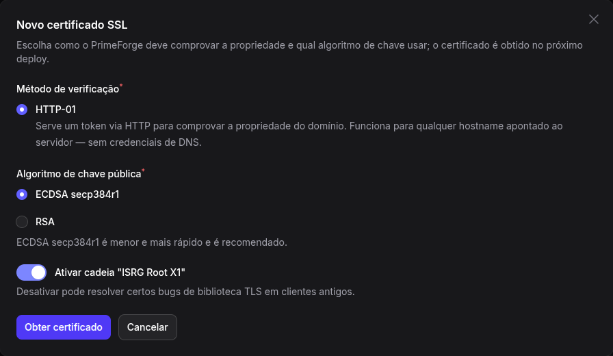 Modal Novo certificado SSL, com método de verificação, algoritmo da chave e cadeia