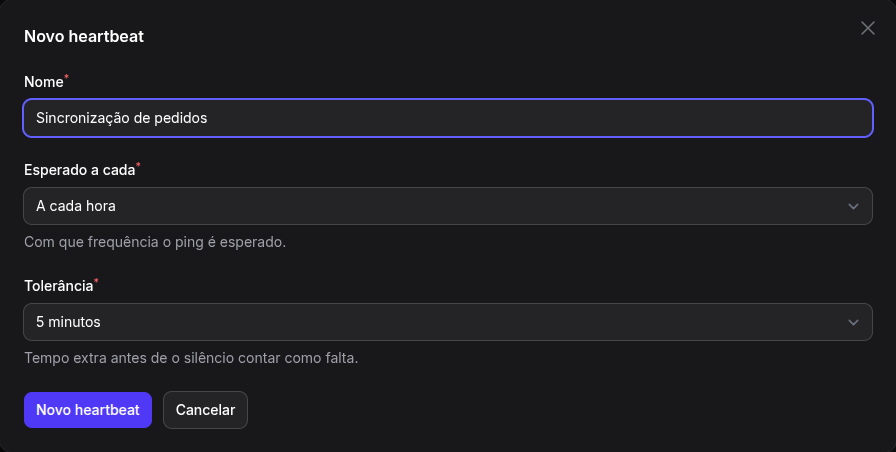 Modal Novo heartbeat, com nome, intervalo e tolerância