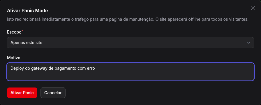 Modal Ativar Panic Mode aberto em um site, com escopo e motivo