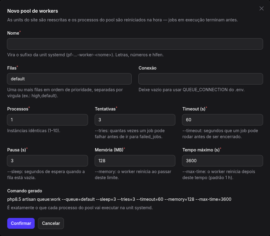 Modal Novo pool de workers, com a prévia do comando queue:work gerado