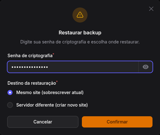 Modal Restaurar backup, com a senha e o destino da restauração