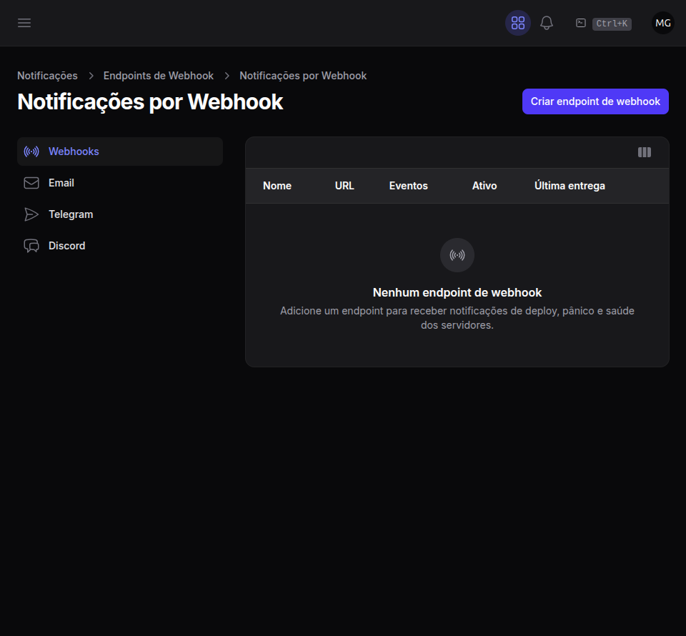 Webhook endpoints em Notificações