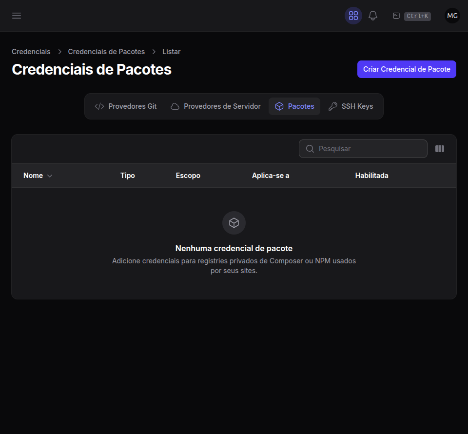Credenciais de pacotes