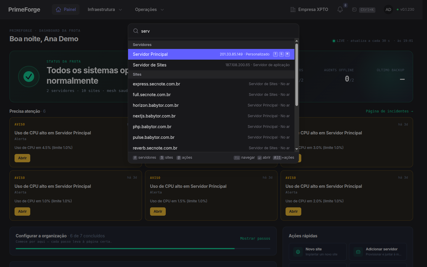 Paleta de comandos aberta em uma página de site