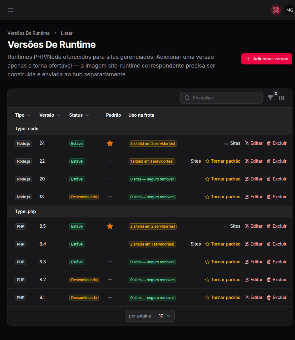 Página de versões de runtime