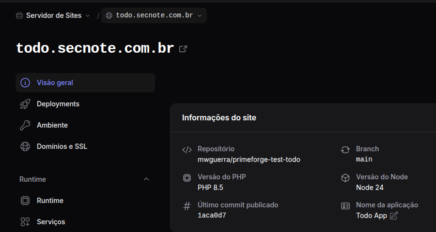 Seletor de contexto com o menu de sites aberto