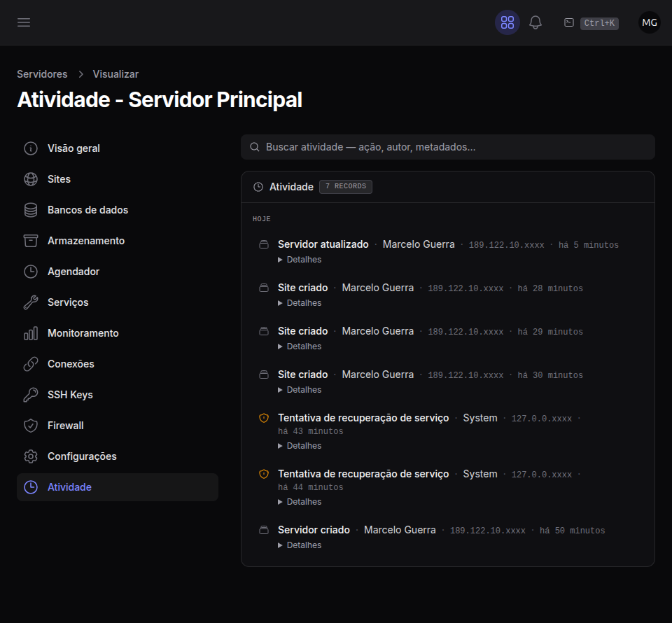 Feed de atividade de um servidor