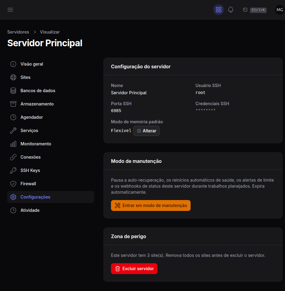 Configurações de um servidor