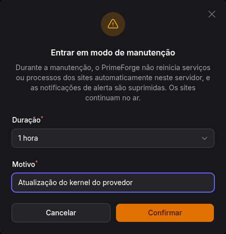 Modal Entrar em modo de manutenção, com duração e motivo