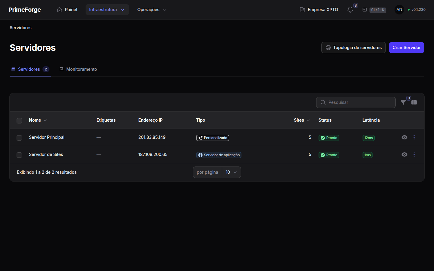 Lista de servidores filtrada pelo serviço PostgreSQL