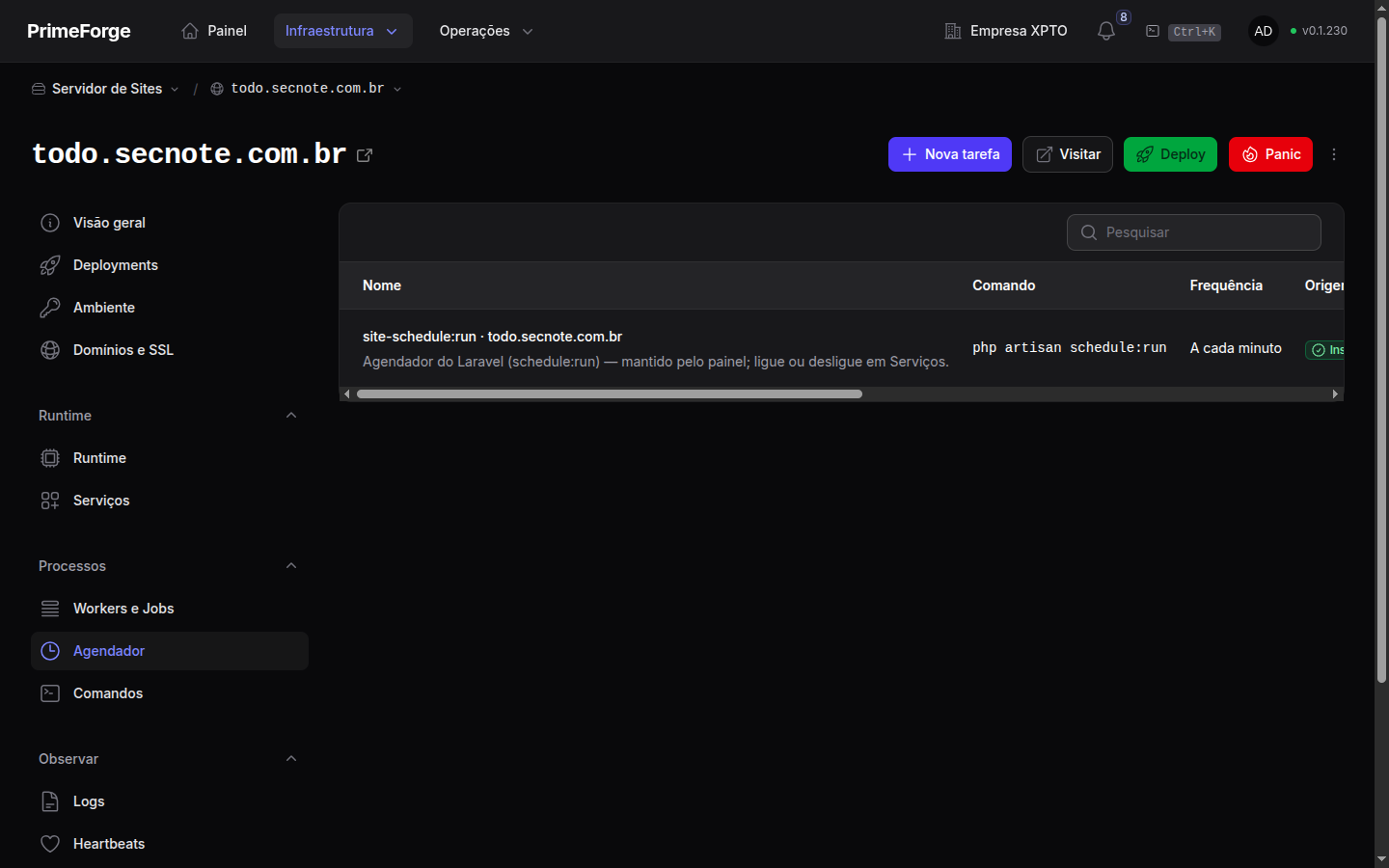Página Agendador de um site, com tarefas instaladas e personalizadas