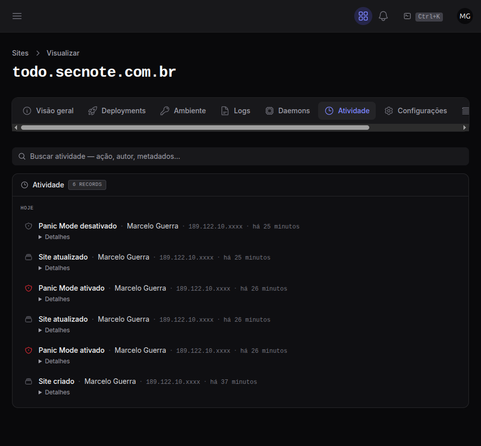 Aba de atividade do site