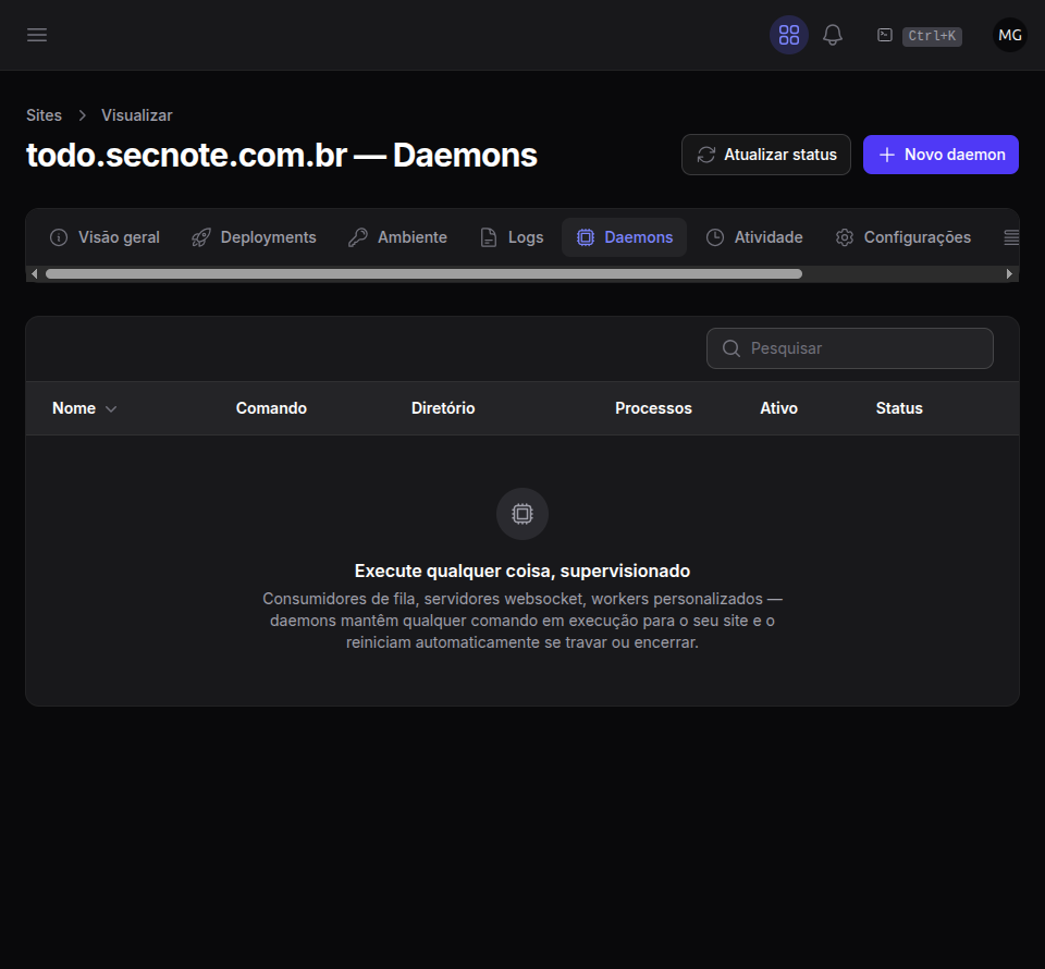 Página de Daemons de um site, com a lista de processos supervisionados