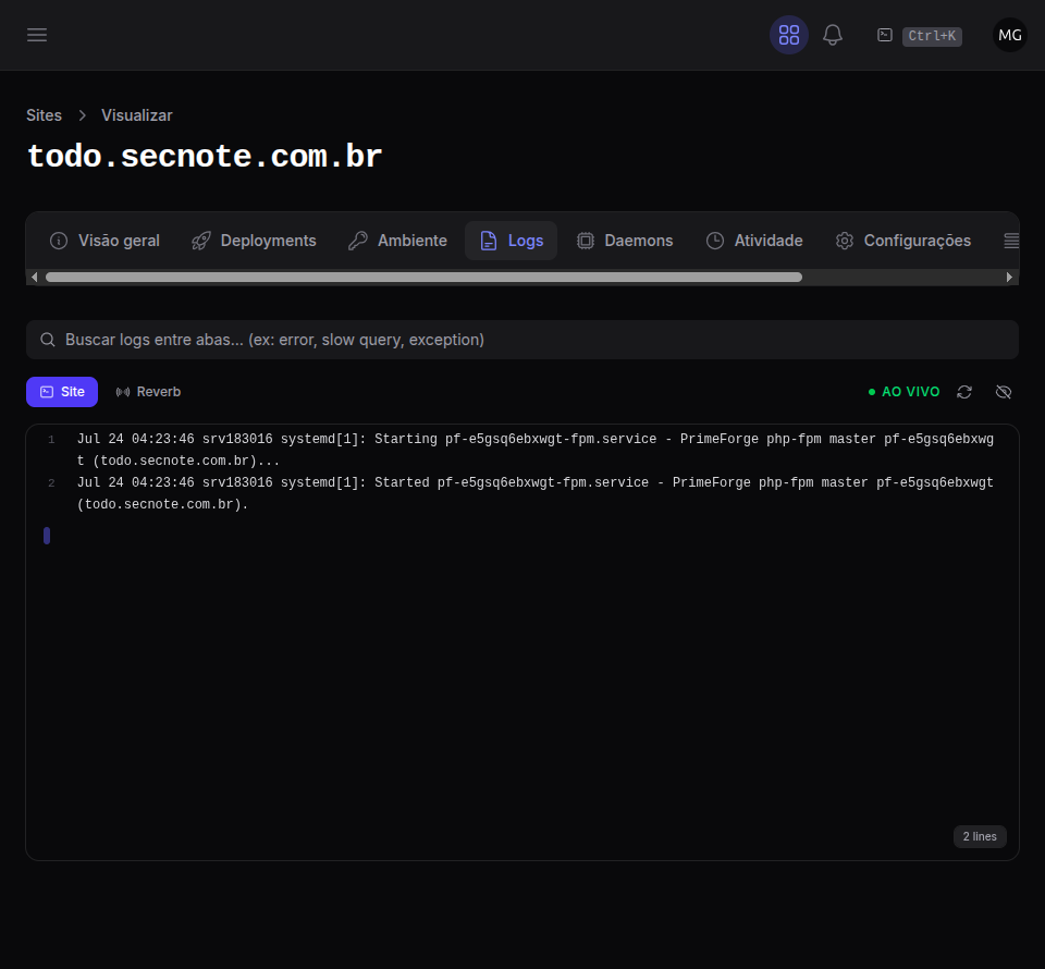 Aba de logs do site