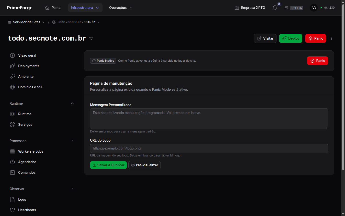 Página de manutenção do site, com mensagem, logo e pré-visualização