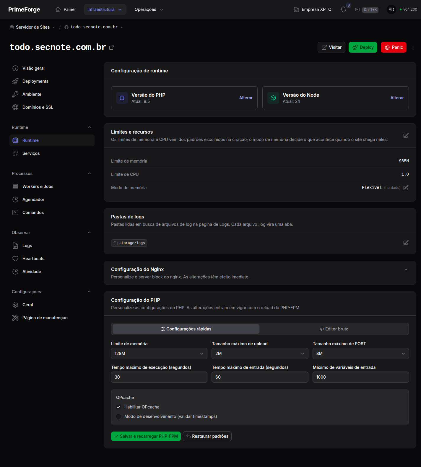 Página Runtime de um site