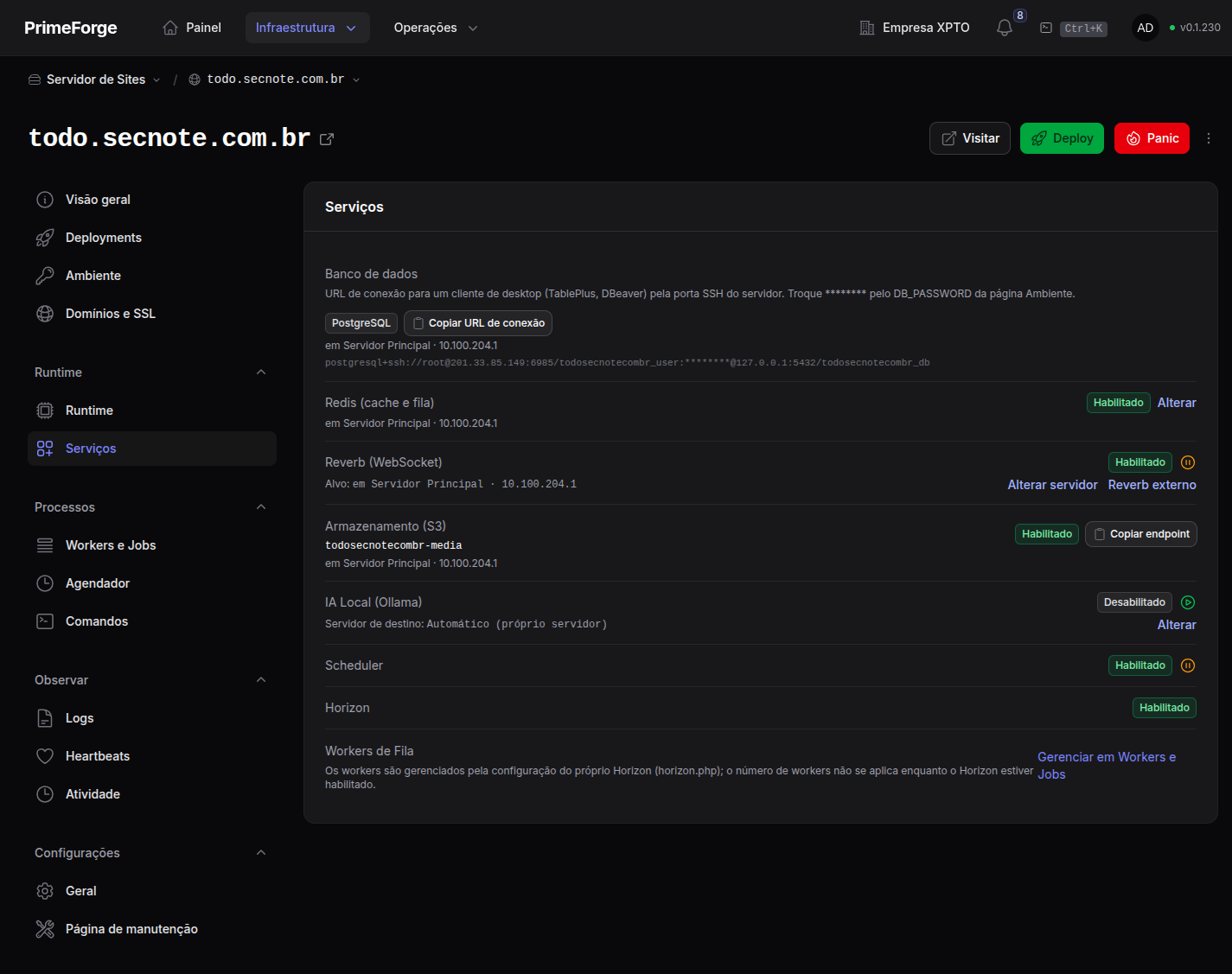 Página Serviços de um site Laravel com banco, Redis, Reverb e S3