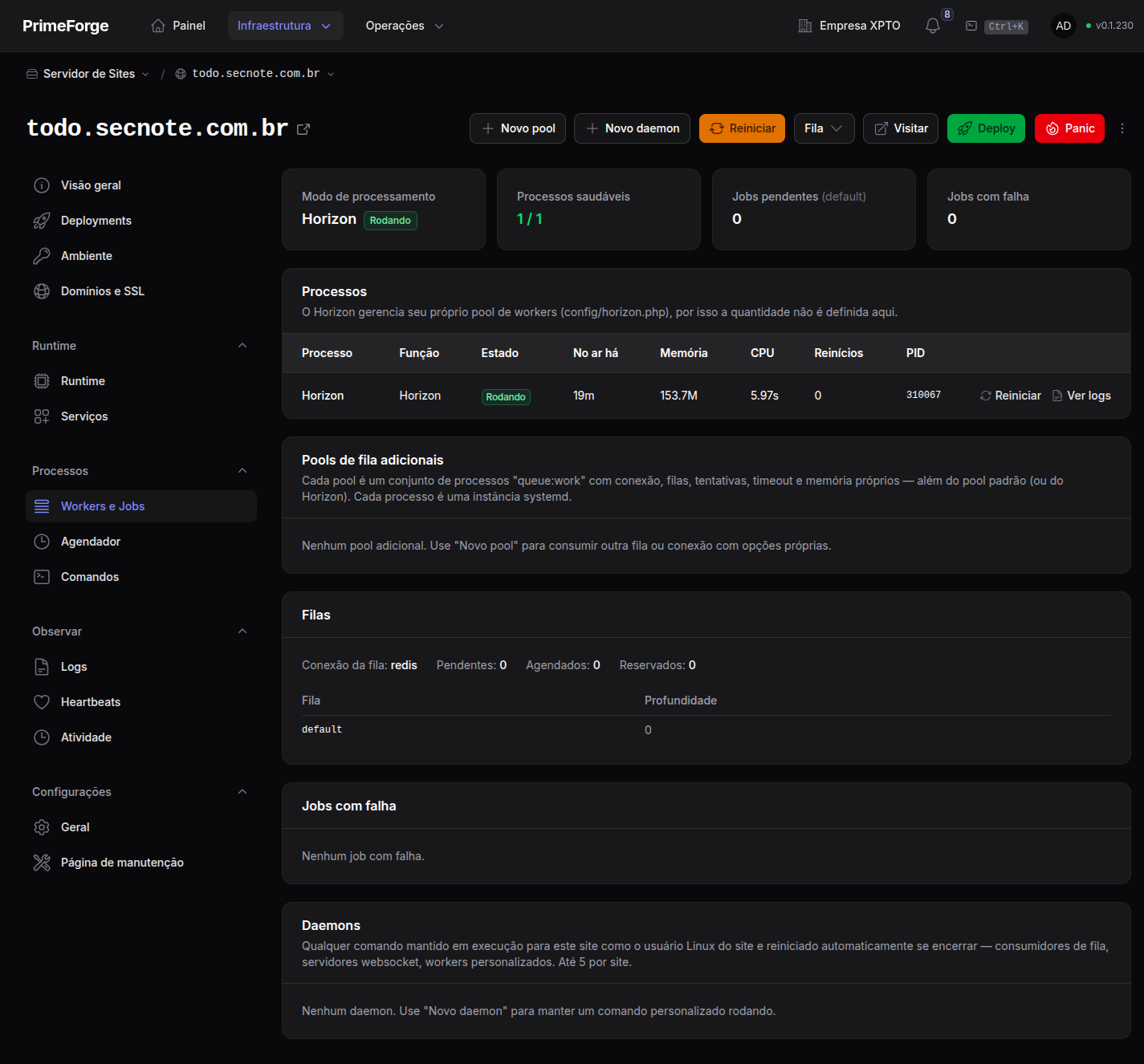 Página Workers e Jobs de um site Laravel, com processos, filas e jobs com falha